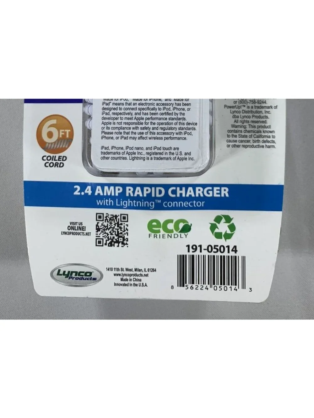 PowerUp! 2.4 Amp Rapid Charger Lightning Connector Car Charger 6 Ft Cord NEW